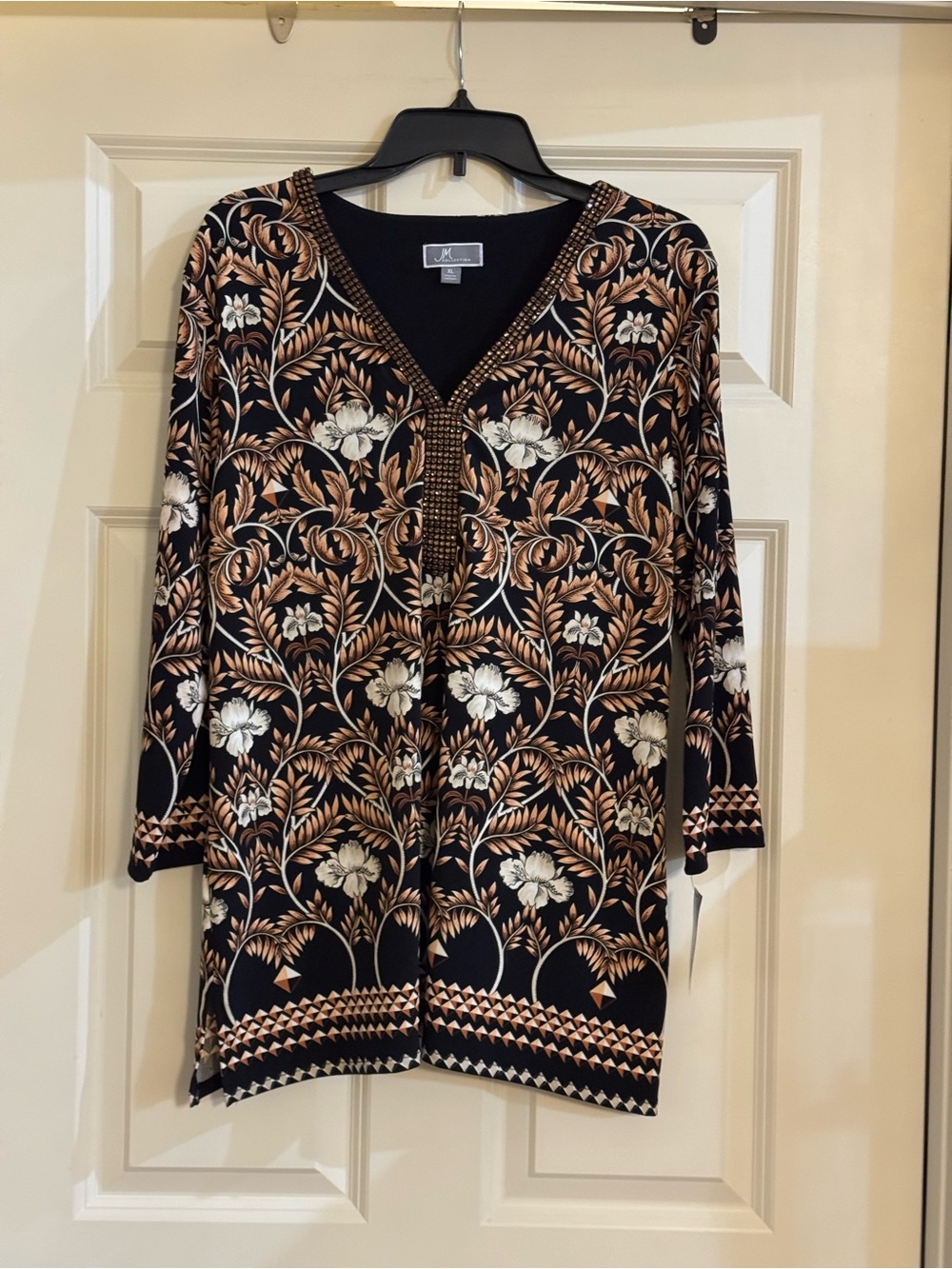 JM Collection Black Floral V-Neck Tunic with Metallic Gold Accents